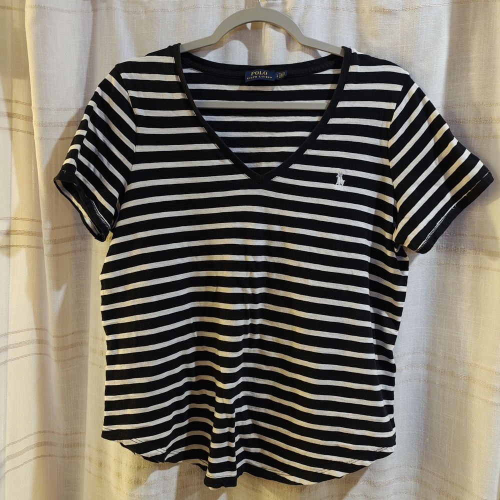 100% Cotton Polo by Ralph Lauren Women's Black and White Striped Tee